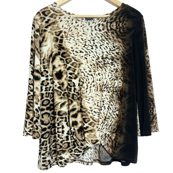 Clara Sunwoo Mixed Animal Print Top Size L Black Knotted Stretch Knit Blouse - Picture 2 of 11